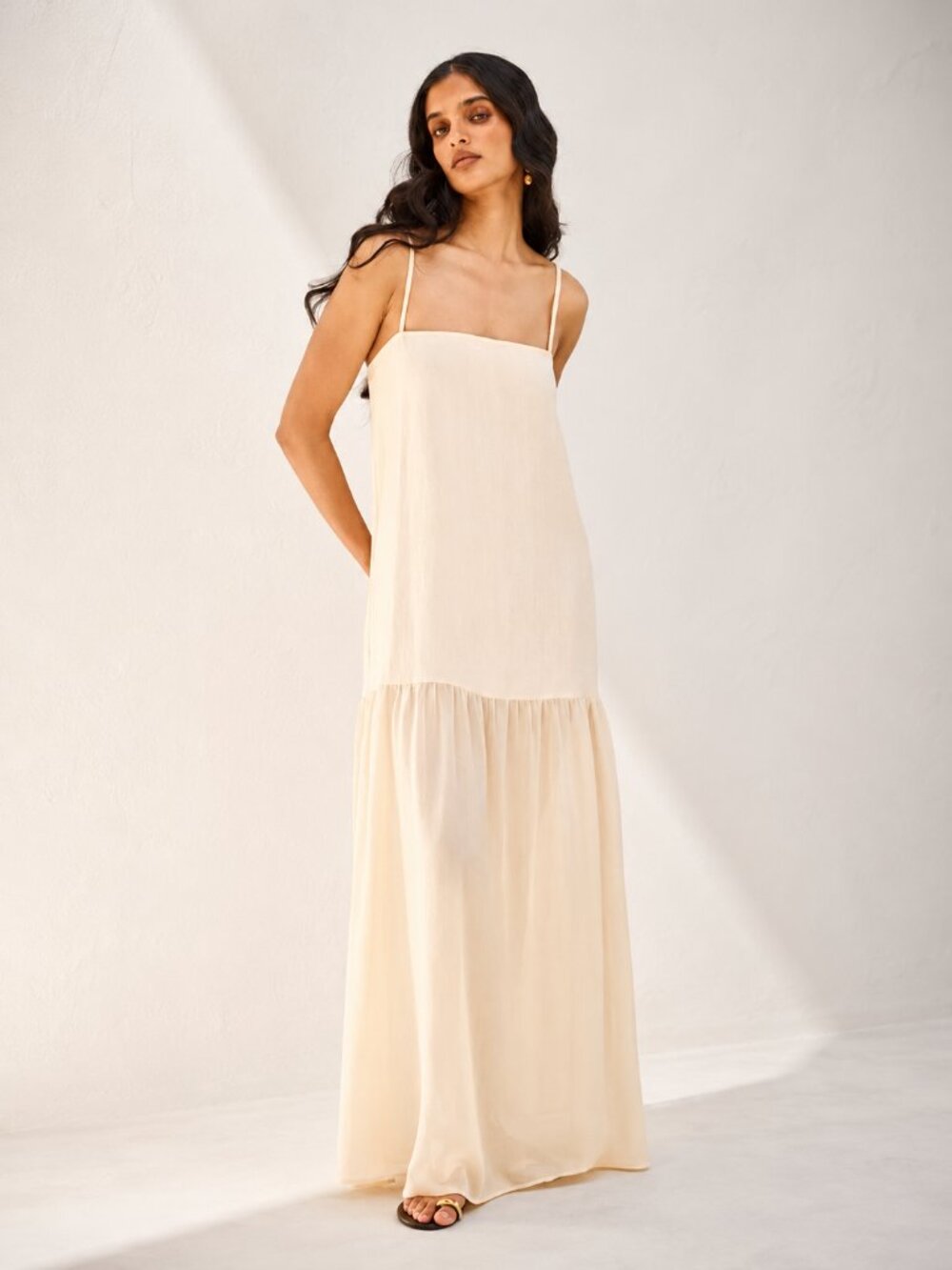 VRG GRL Nora Linen Mixed Media Maxi Dress Natural
